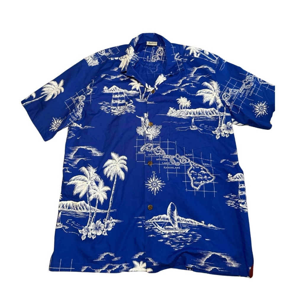 Vintage 80s Tropical Blue Men's Casual‎ Shirt Made in Hawaii